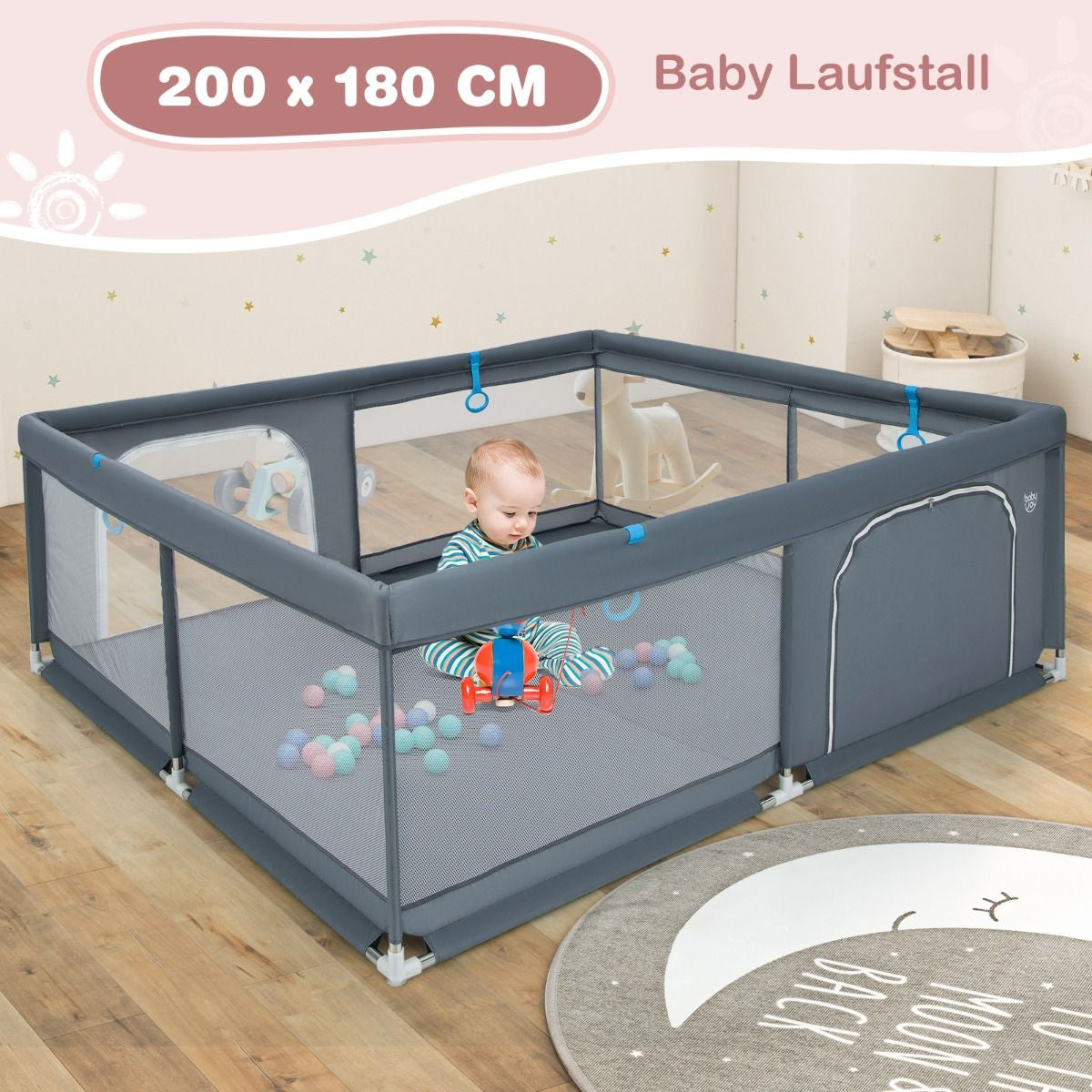 200 X 180 Cm Baby Laufstall Mit 50 Ozeanbällen & 4 Griffen & Tür Laufgitter Krabbelgitter Grau