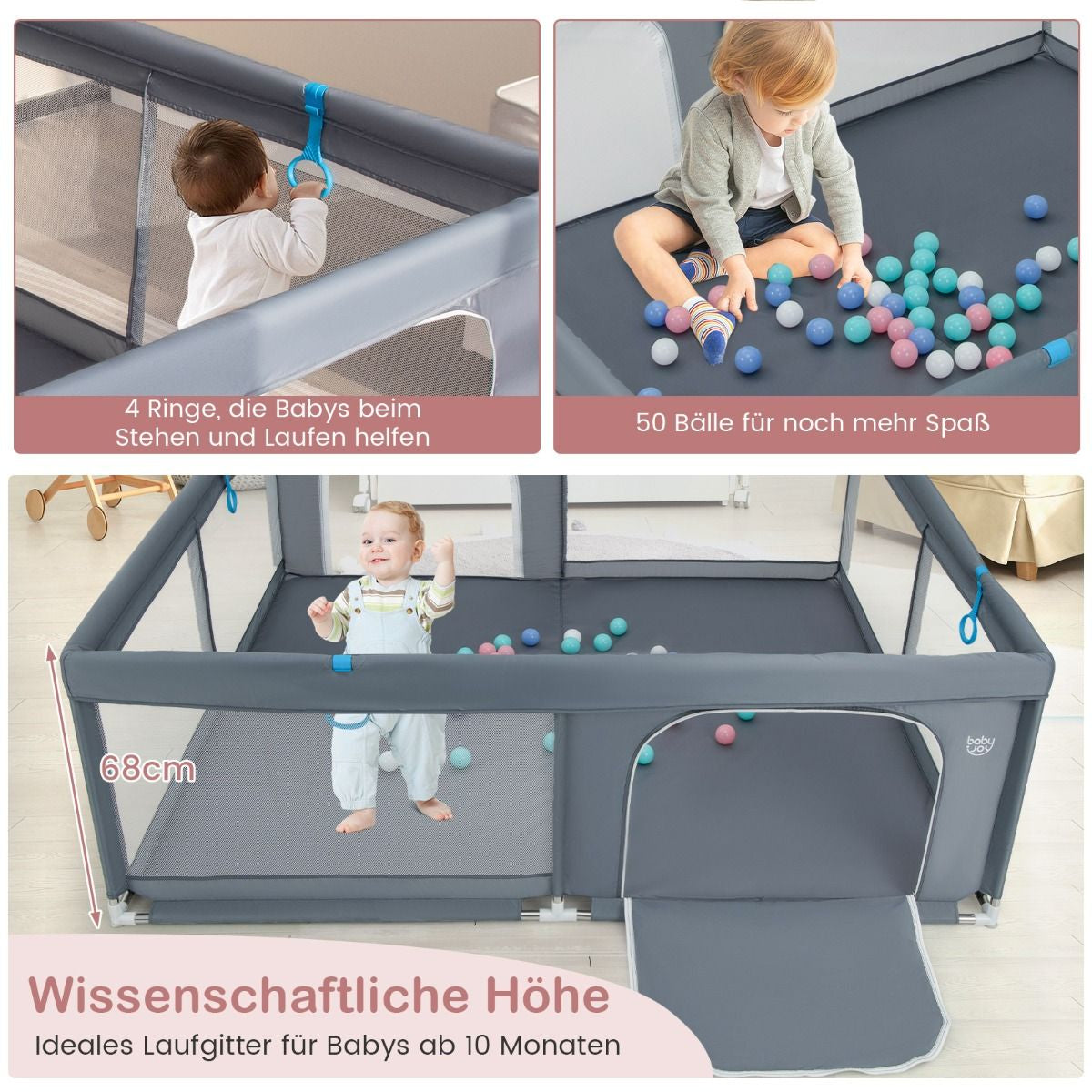 200 X 180 Cm Baby Laufstall Mit 50 Ozeanbällen & 4 Griffen & Tür Laufgitter Krabbelgitter Grau