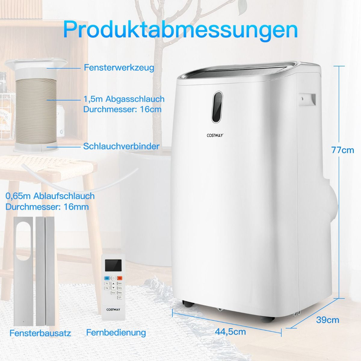 5 in 1 Mobile Klimaanlage 16000 BTU Kühl&Ventilator&Entfeucht&Heiz Entfeuchter 16℃-32℃ 44,5 X 39 X 77 Cm Weiß