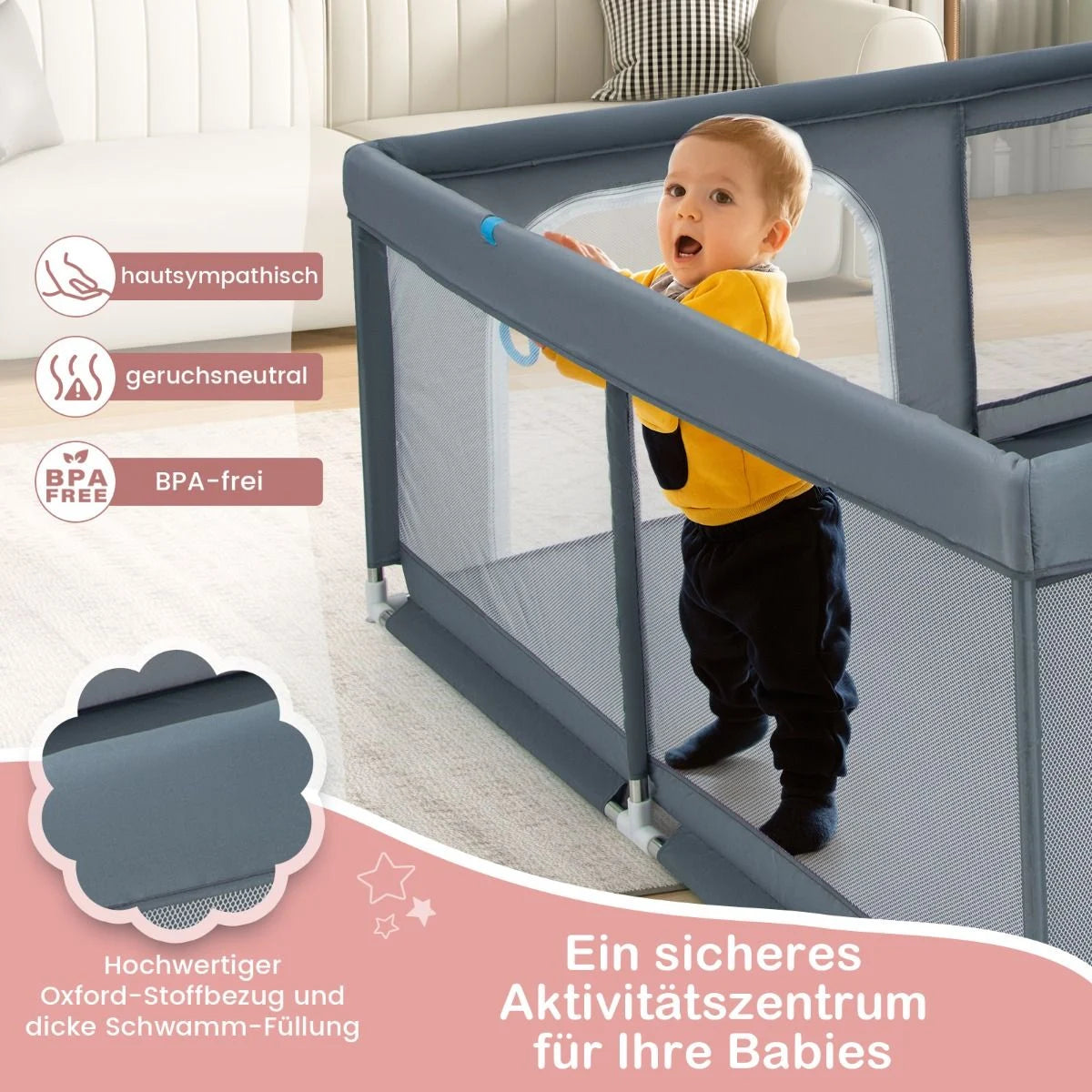 200 X 180 Cm Baby Laufstall Mit 50 Ozeanbällen & 4 Griffen & Tür Laufgitter Krabbelgitter Grau