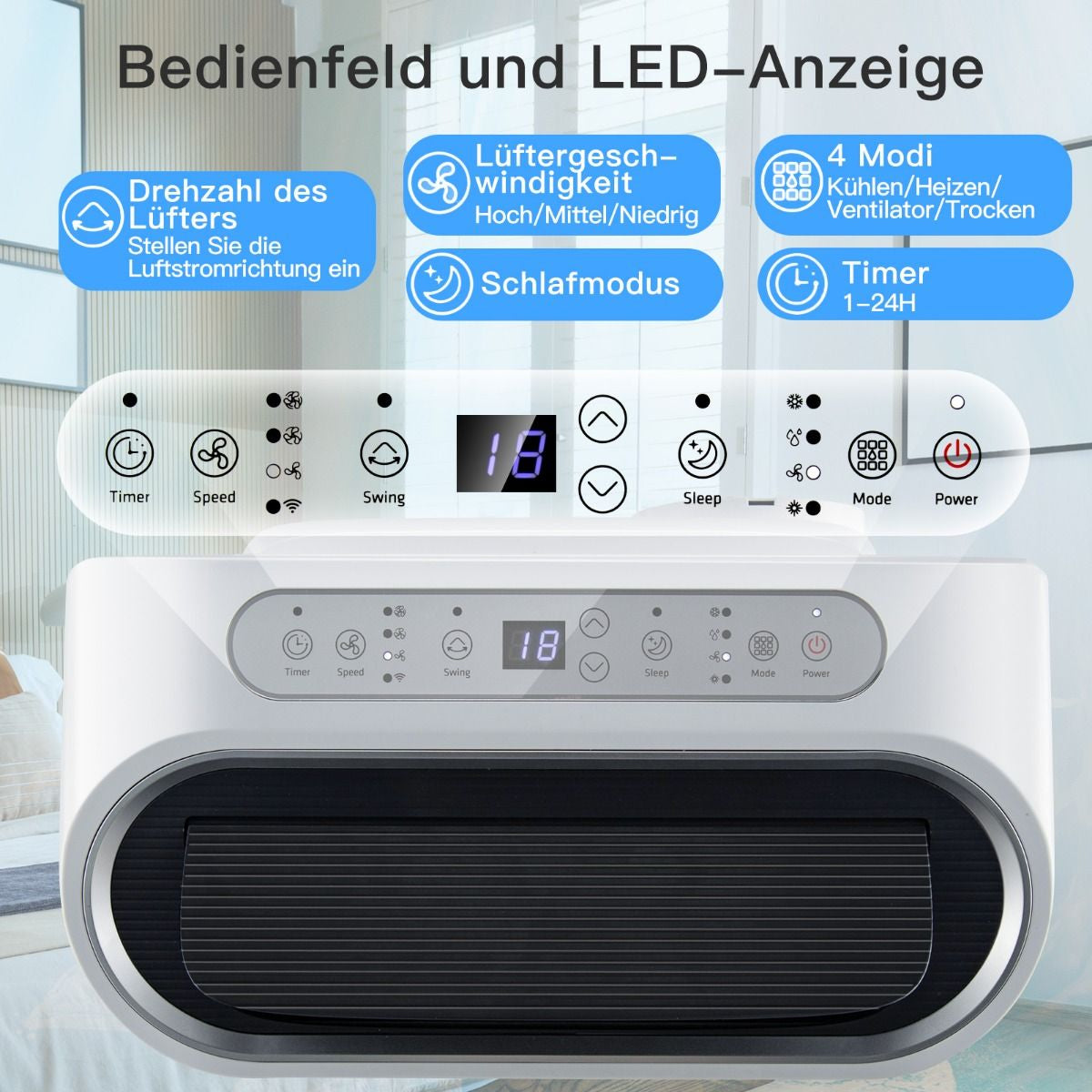 5 in 1 Mobile Klimaanlage 16000 BTU Kühl&Ventilator&Entfeucht&Heiz Entfeuchter 16℃-32℃ 44,5 X 39 X 77 Cm Weiß