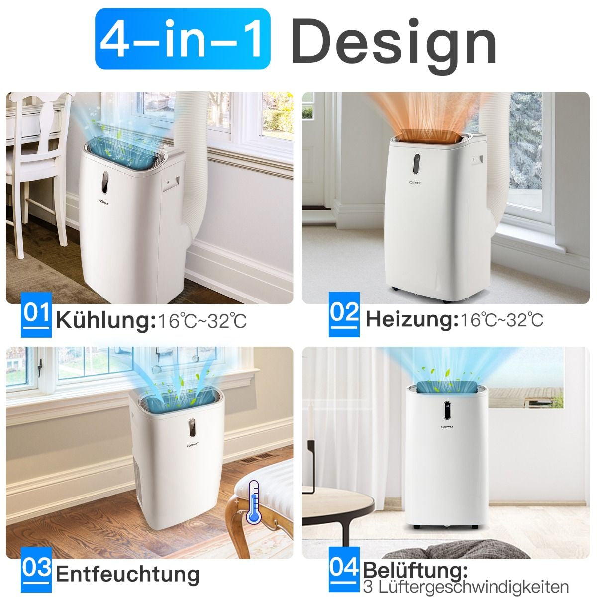 5 in 1 Mobile Klimaanlage 16000 BTU Kühl&Ventilator&Entfeucht&Heiz Entfeuchter 16℃-32℃ 44,5 X 39 X 77 Cm Weiß