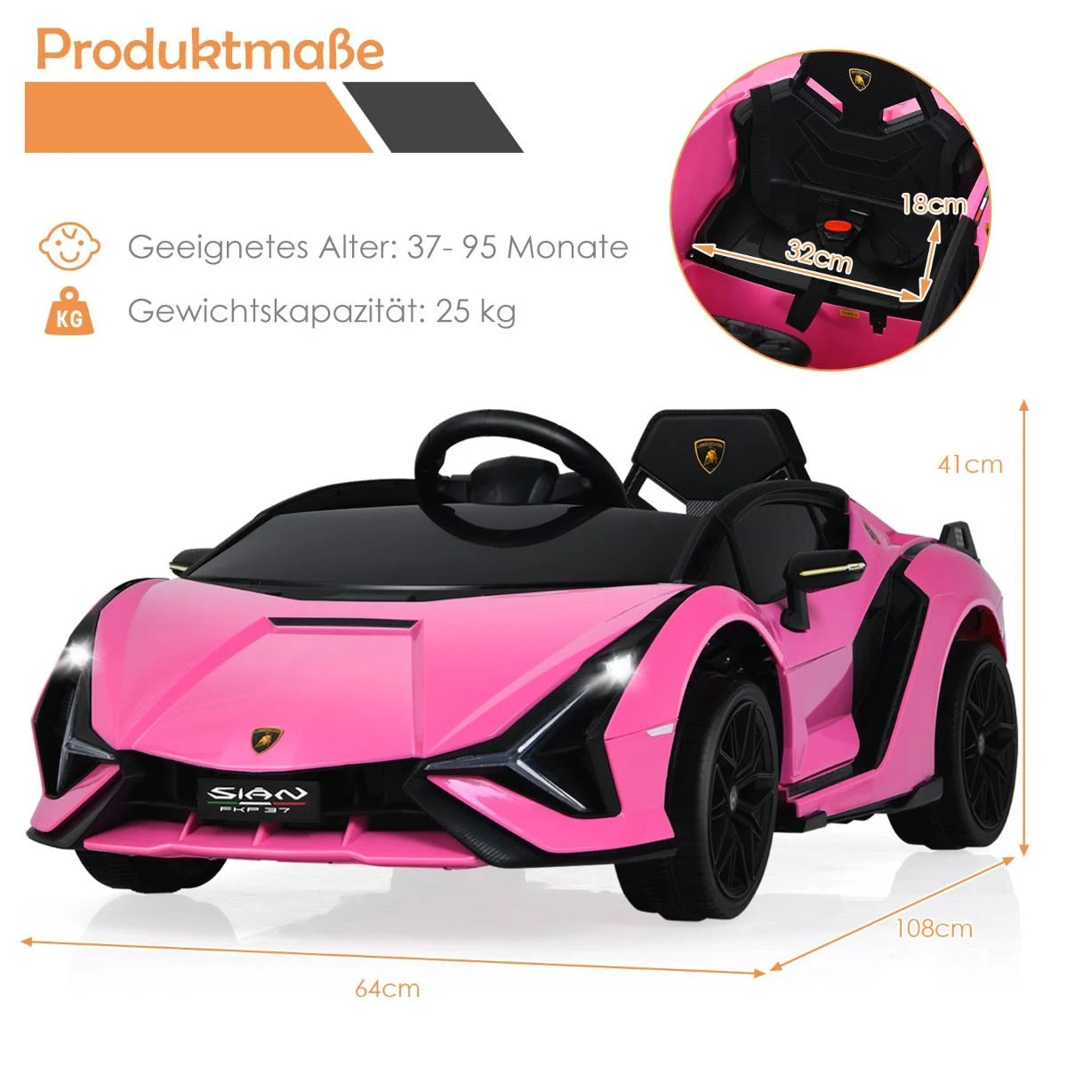 12V Kinderauto Mit 2,4G-Fernbedienung Mit Musik Und Led-Scheinwerfer 108 X 64 X 41 Cm Rosa