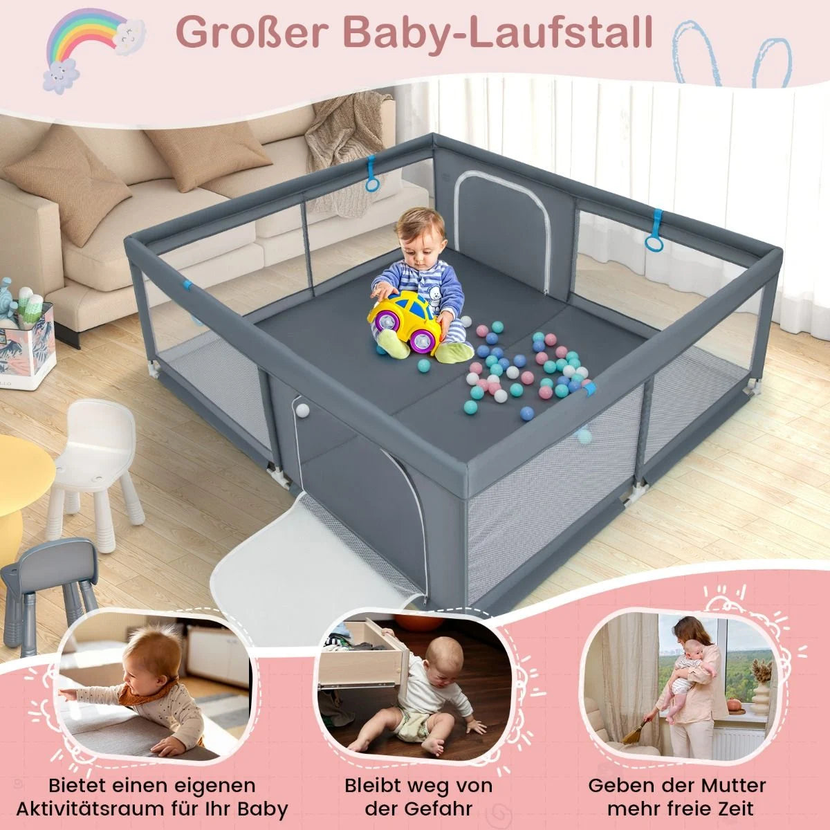 200 X 180 Cm Baby Laufstall Mit 50 Ozeanbällen & 4 Griffen & Tür Laufgitter Krabbelgitter Grau